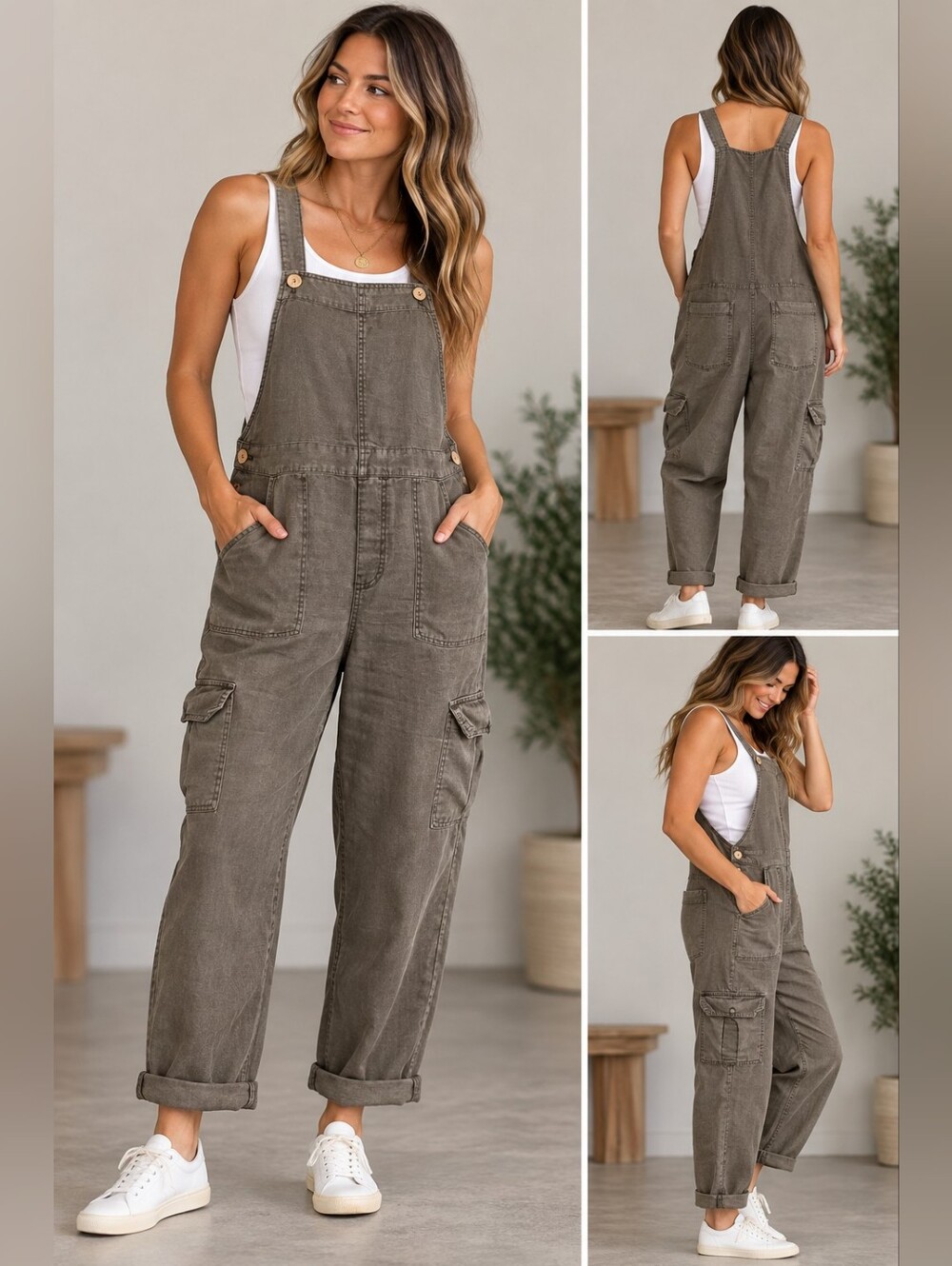 Nicole Miller 100% Linen Gray Green Cargo Overalls Jumpsuit Size L